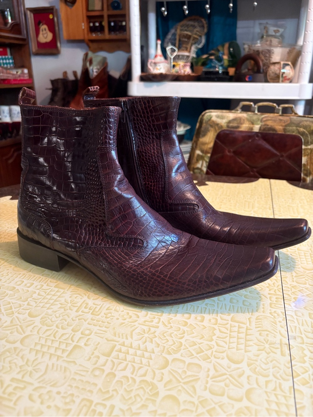 Men's Croc-Embossed Leather Ankle Boots in Dark Brown